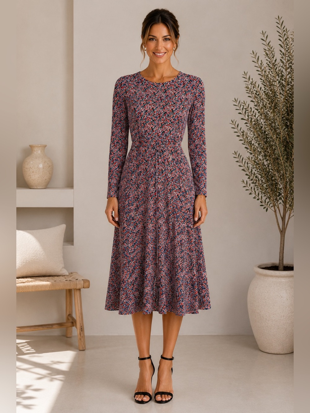 Boden Floral Jersey Midi Dress Tie Waist Long Sleeve US 2P
